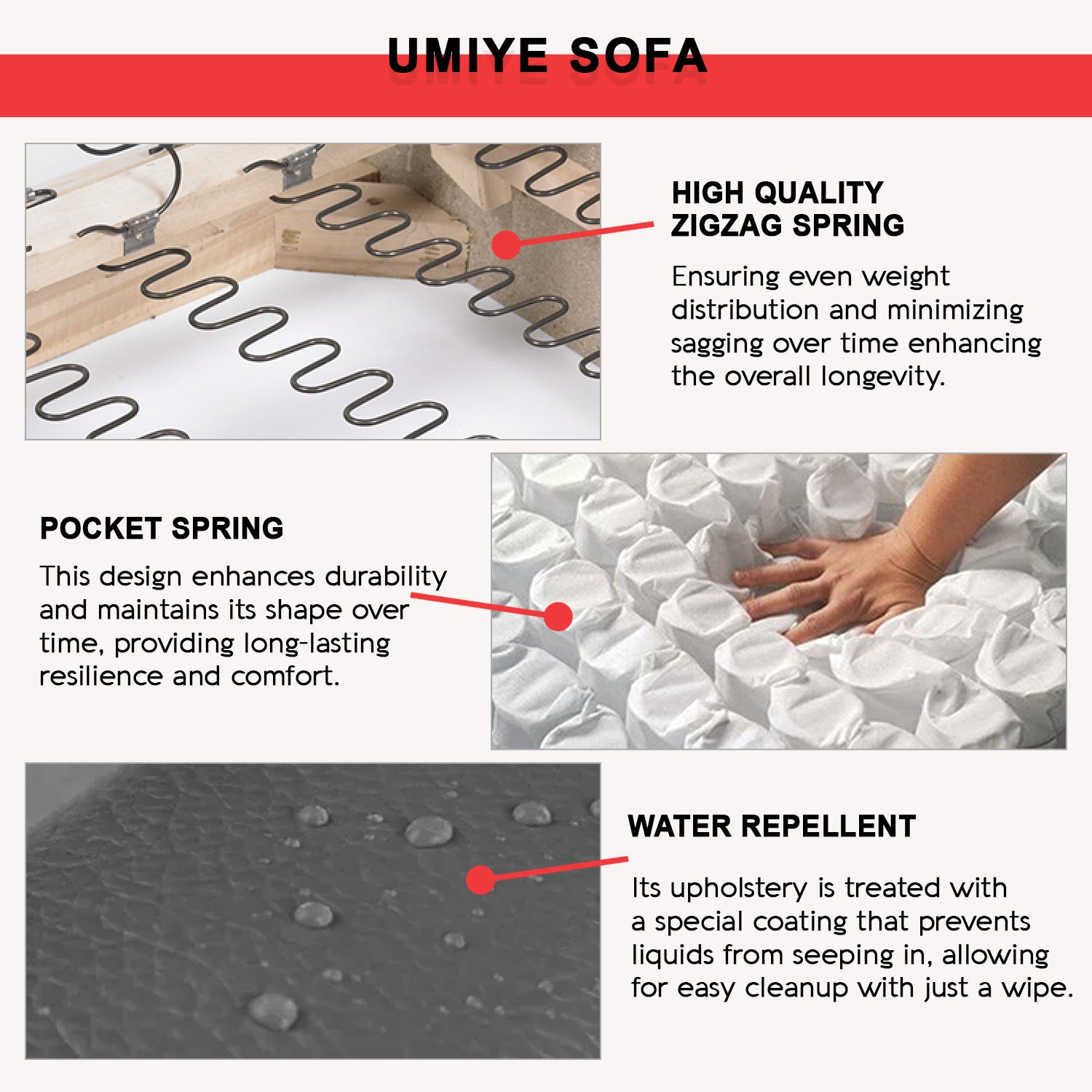 Umiye 1S/2S/3S Sofa Water Repellent Sofa in Grey PU Leather/Water Repellent Fabric
