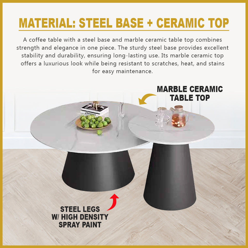 Onnyx 2-Piece Center Coffee Table Heat Resistant Glossy Ceramic Top with Steel Base Legs