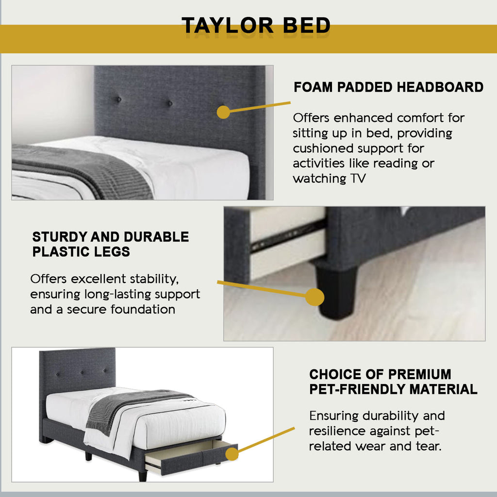 Taylor Twin Bed Frame with Drawer / Side Table  - PetFriendly Scratch-Resistant