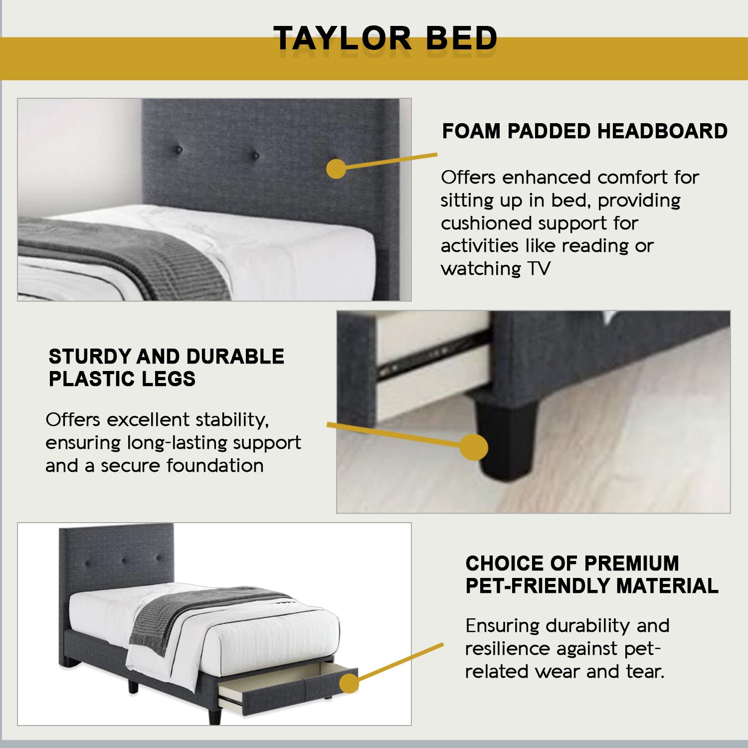 Taylor Twin Bed Frame with Drawer / Side Table  - PetFriendly Scratch-Resistant