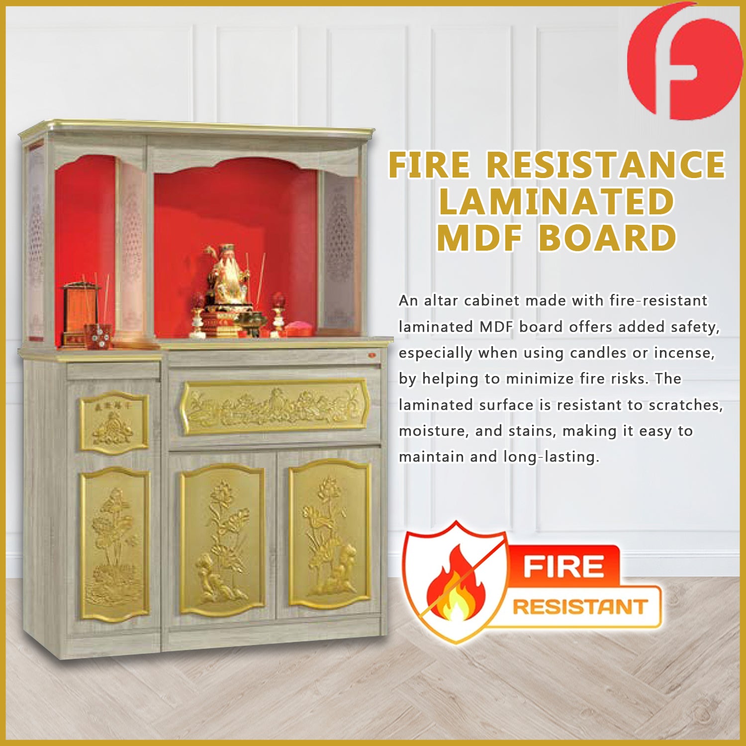 Dorian Oriental Altar Table with Top Altar Cabinet Fire Resistant Altar Cabinet