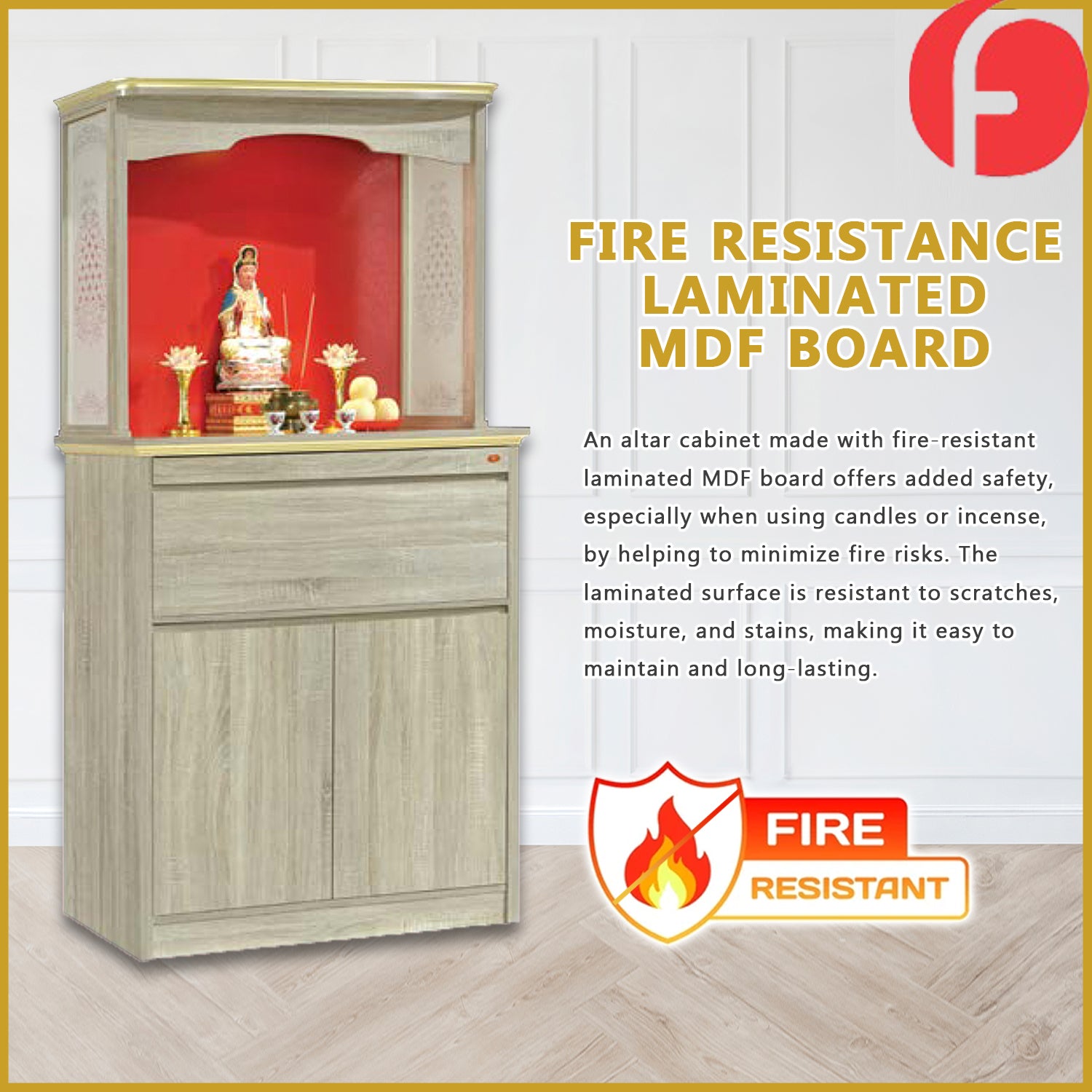 Thea Oriental Altar Table with Top Altar Cabinet Fire Resistant Altar Cabinet