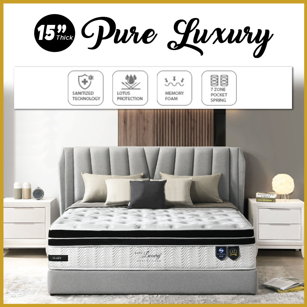 Honey Pure Luxury 15" 7-Zone Pocket Spring Sanitized Mattress w/ FREE PILLOW - All Sizes Available