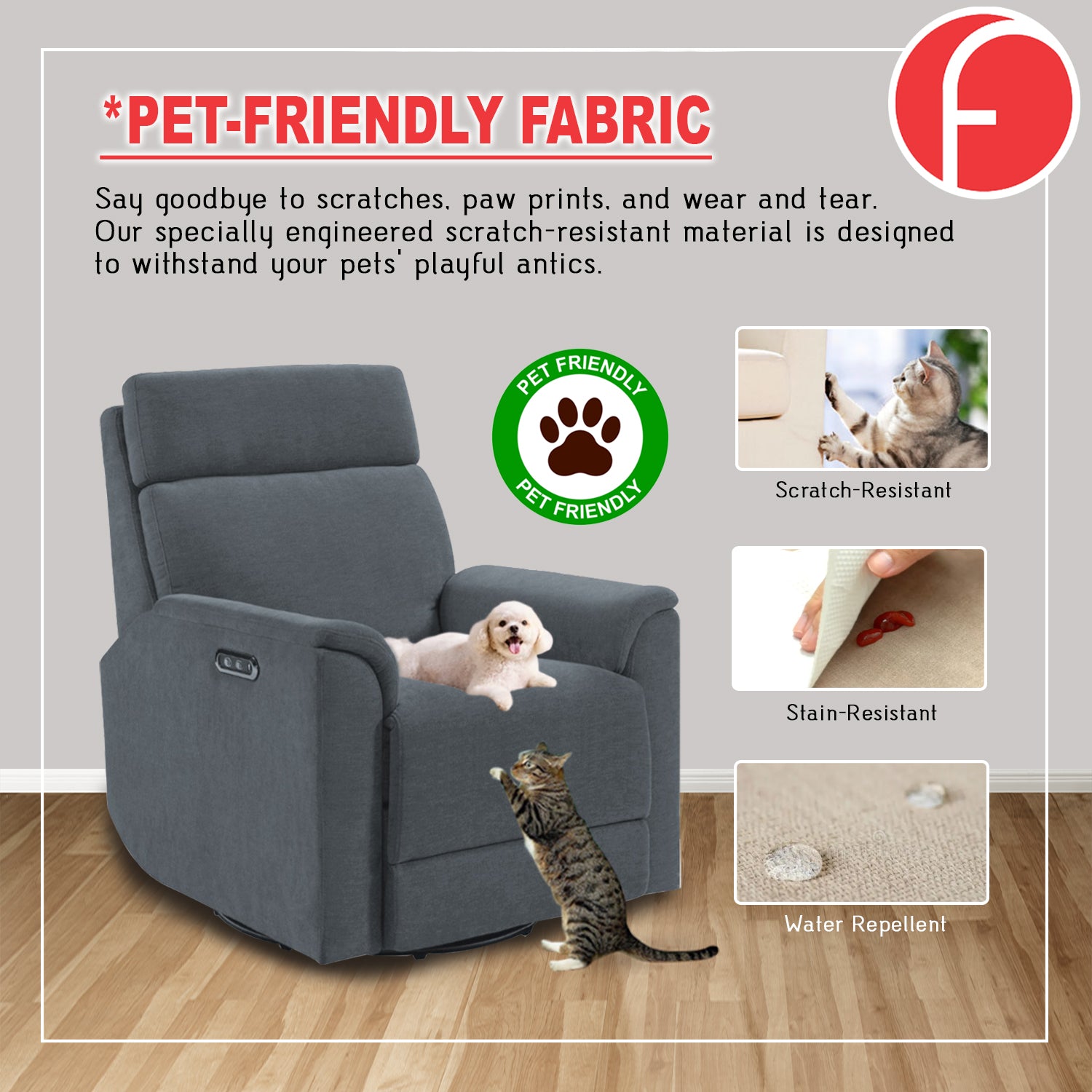 Relazo Single Electric Swivel Recliner Sofa w/ USB Type-C Charging Port PetFriendly (Model B)