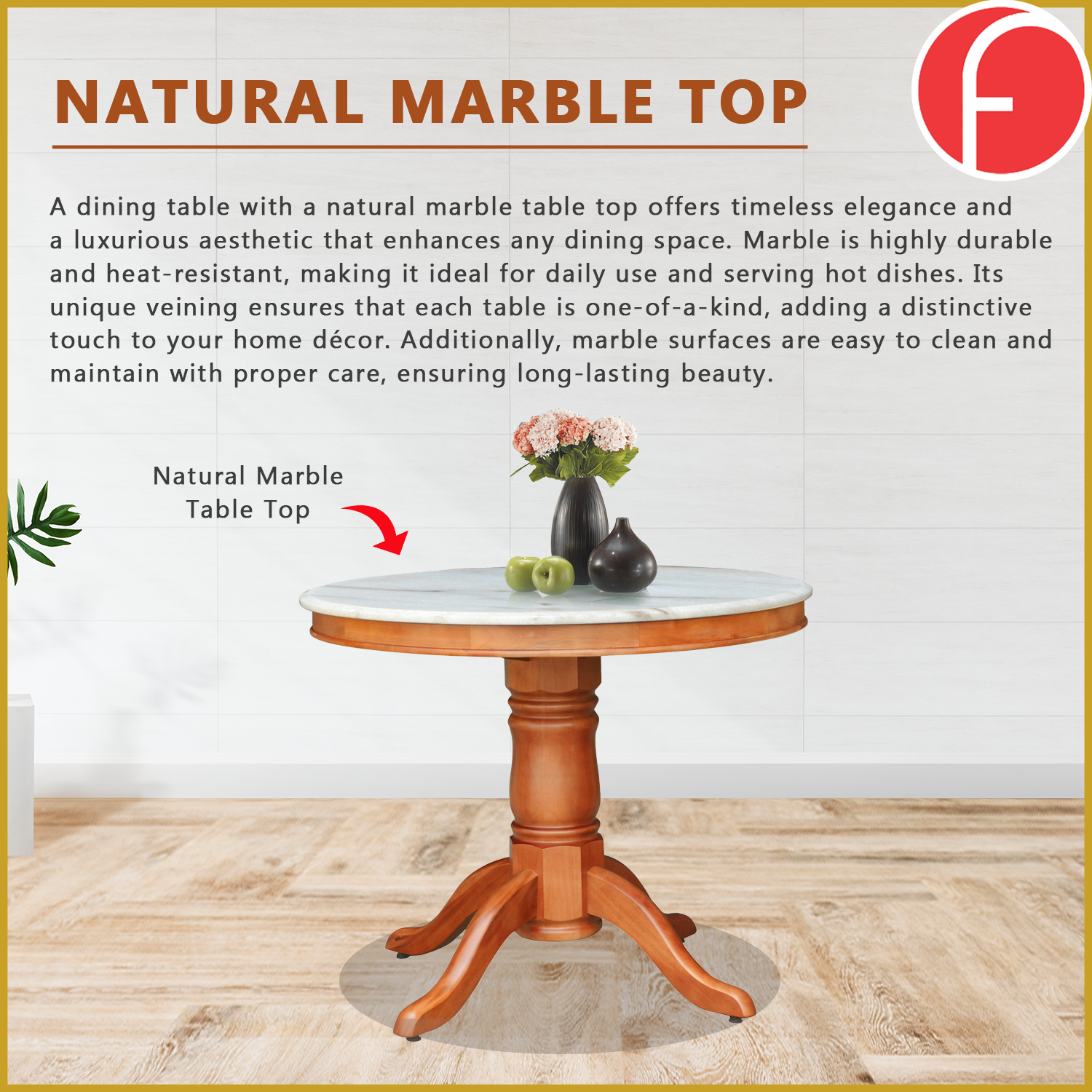 Mateo Dining Set Round Table & Stools 1+4 in Solid Wood Natural Marble Top Cherry/Walnut