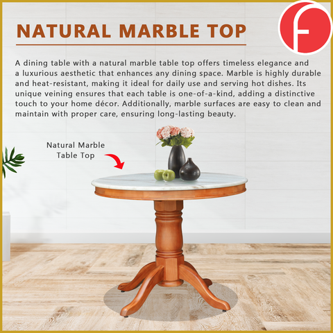 Image of Mateo Dining Set Round Table & Stools 1+4 in Solid Wood Natural Marble Top Cherry/Walnut