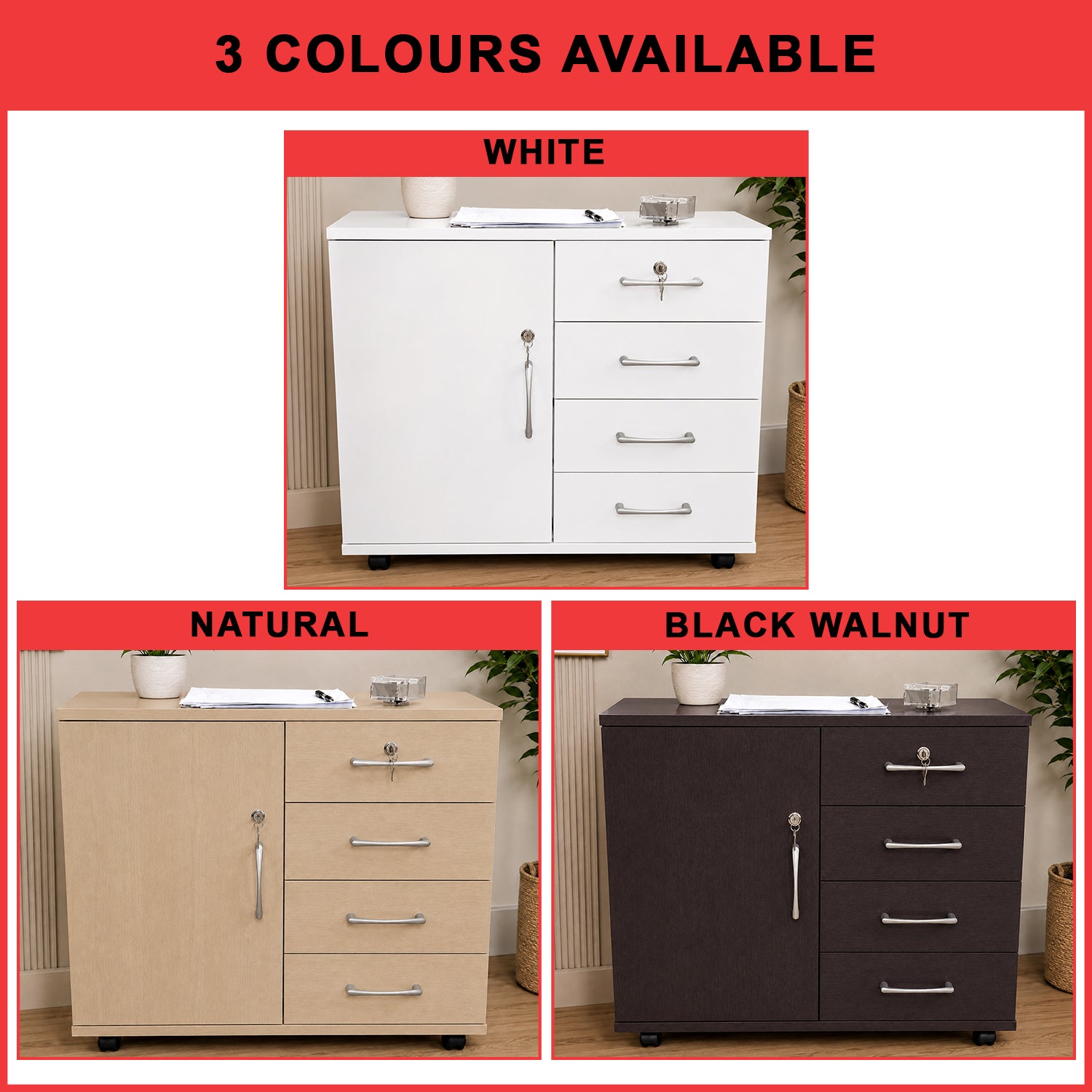 KIERA File Cabinet Office with Lock Pedestal Mobile Storage Cabinet with Wheels 3 Colours
