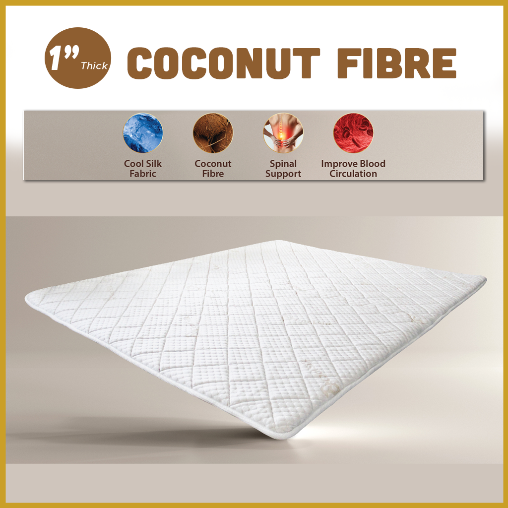 Honey Coconut Fibre Mattress Topper 1" Cooling Silk Fabric - All Sizes Available