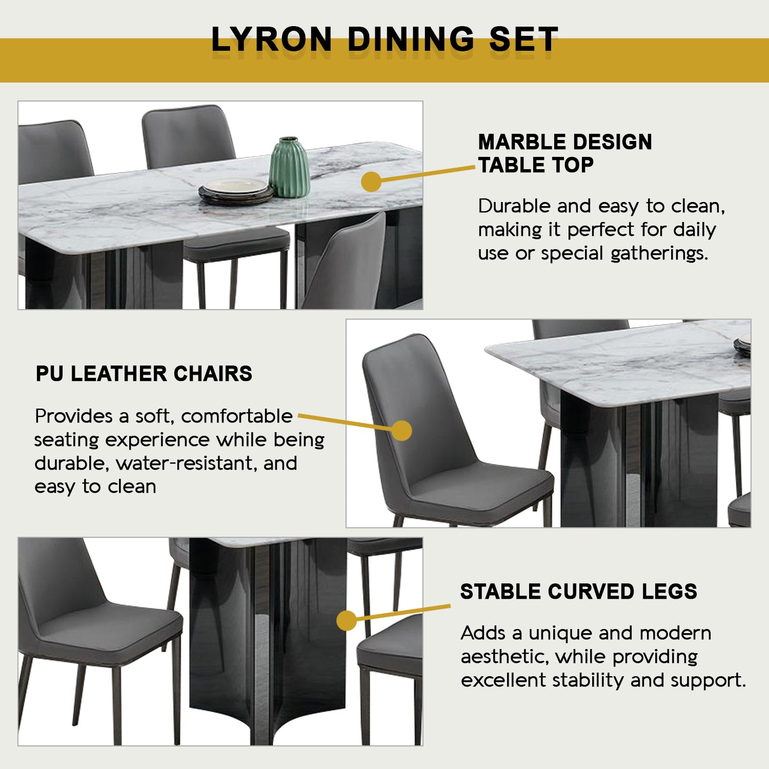 Lyron 1+6 Dining Set Marble Table with PU Leather Chair