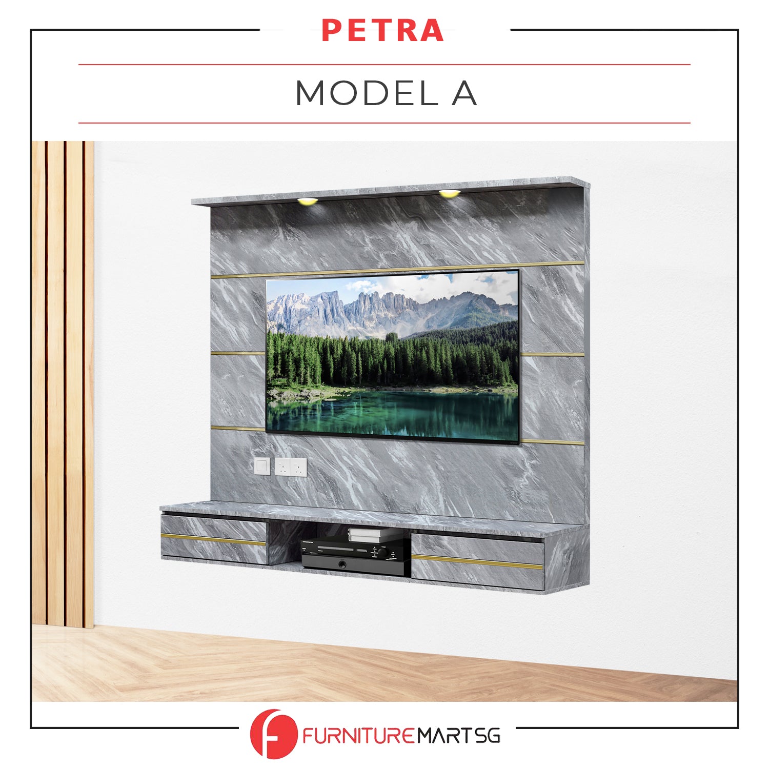 Petra Series Wall Mount TV Console Marble Finish with Light and Built-in Socket in 3 Models