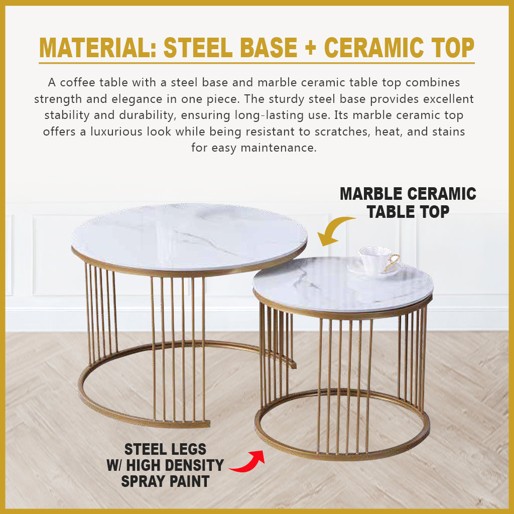 Qiana 2-Piece Center Coffee Table Heat Resistant Glossy Ceramic Top