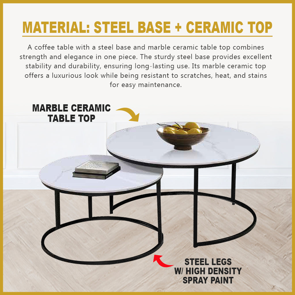 Farra Premium Coffee Center Table Steel Metal Leg + Marble Ceramic Top - 2 Colors