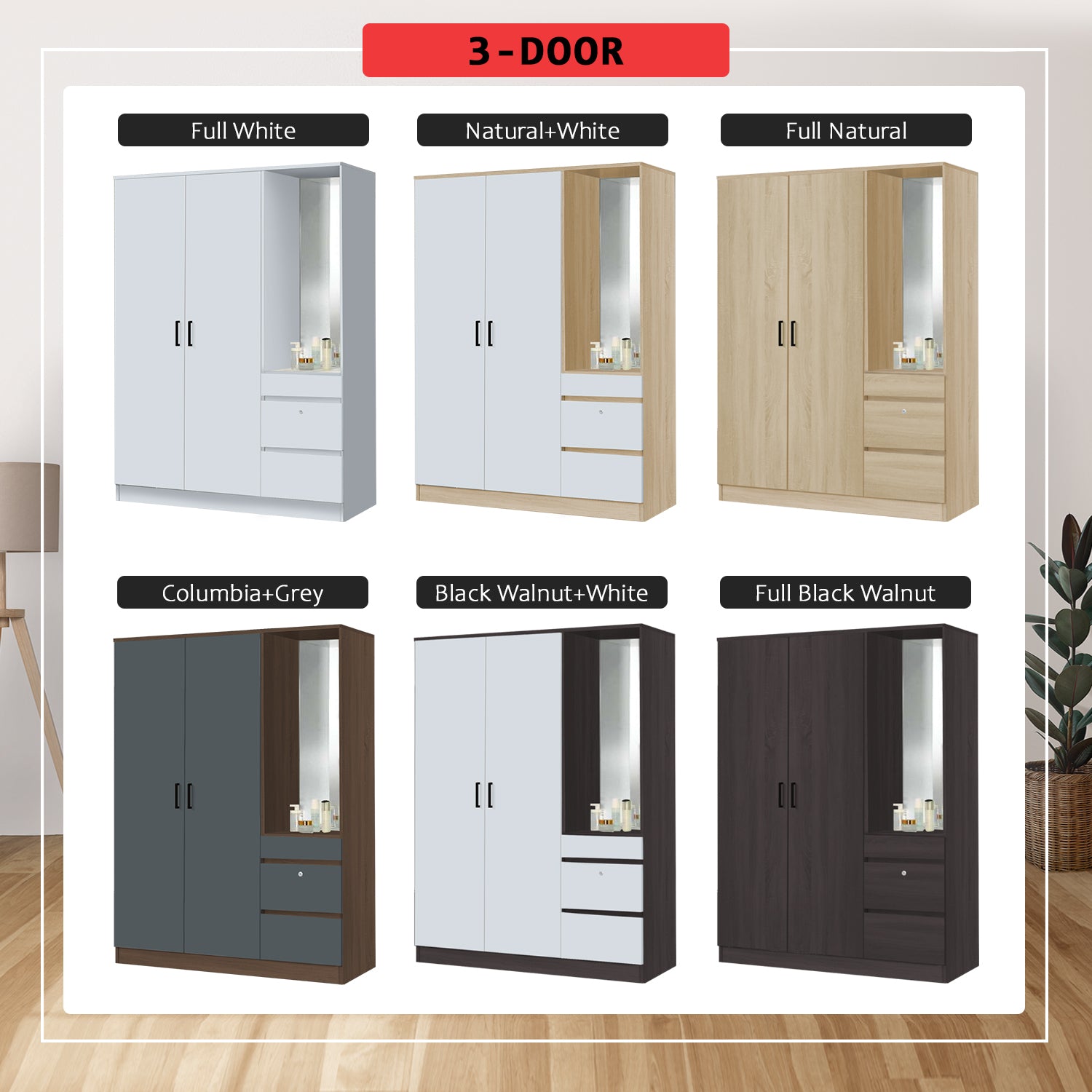 Sabine 3-Door Wardrobe Dresser Combo with Mirror and Drawers in 6 Colours