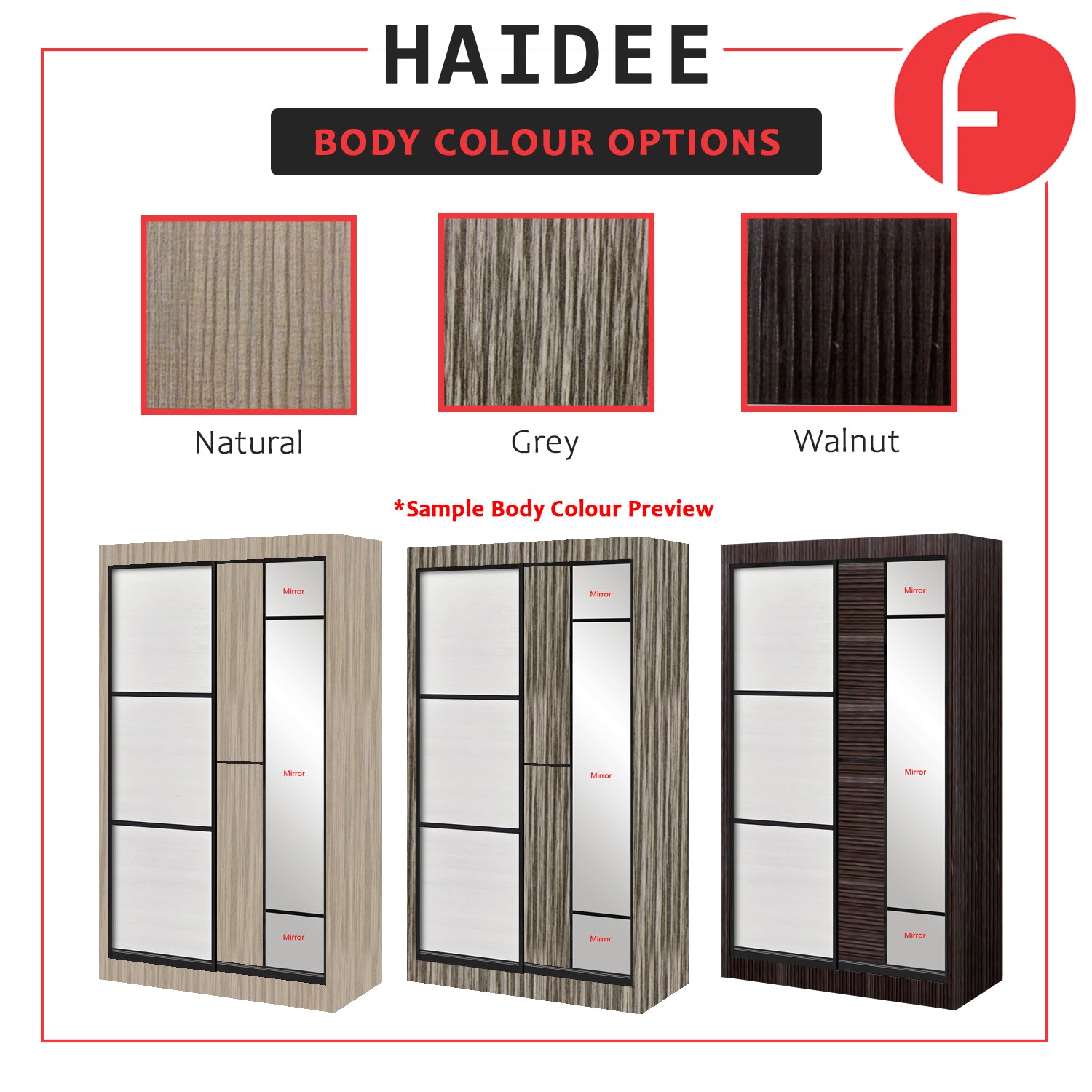 Haidee Series 2-Door Sliding Door Wardrobe with Internal Mirror in 5 Colors And 7 Door