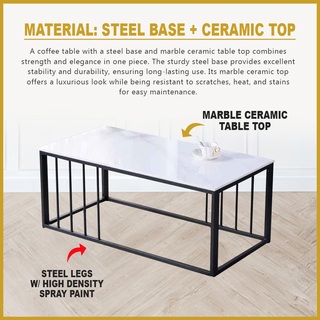 Ozias Center Coffee Table Heat Resistant Glossy Ceramic Top with Steel Legs