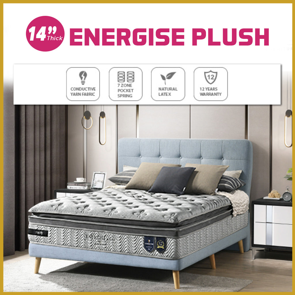 Honey Energise Plush 14" Anti-Static 7-Zone Pocket Spring Mattress w/ FREE PILLOW - All Sizes