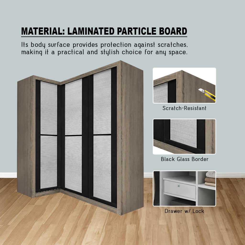Ansan Sliding Door Corner Wardrobe with Top Compartment with Drawer w/ Lock in 3 Colour