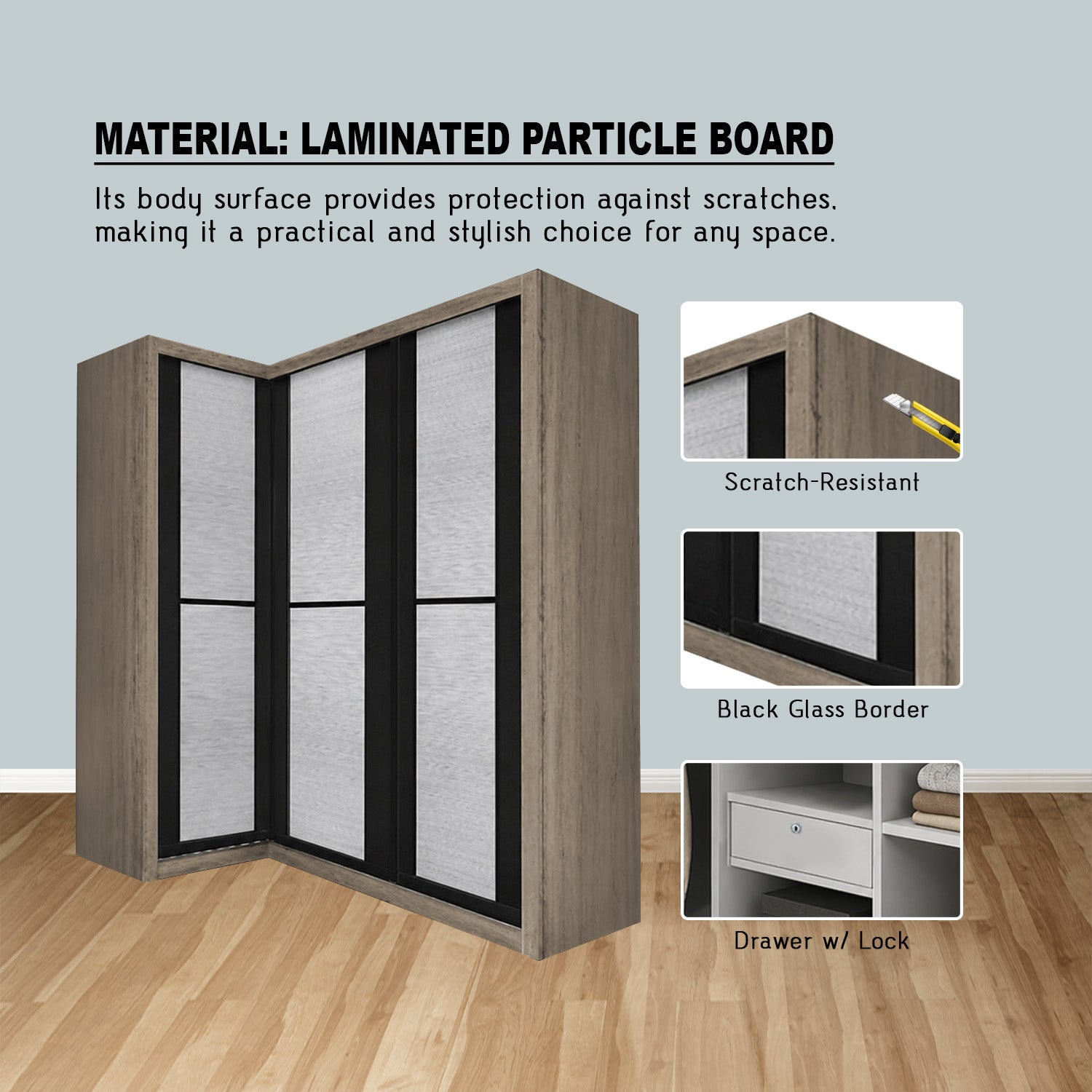 Ansan Sliding Door Corner Wardrobe with Top Compartment with Drawer w/ Lock in 3 Colour