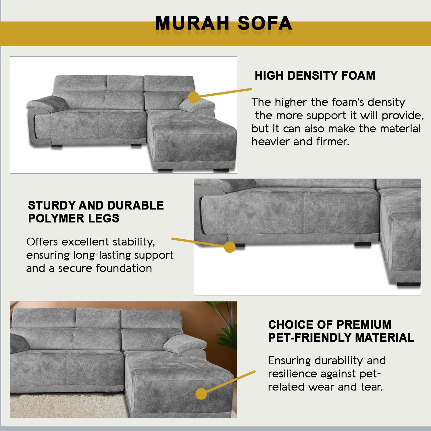 Murah L-Shaped Sofa in 48 Colour - w/ PetFriendly Options