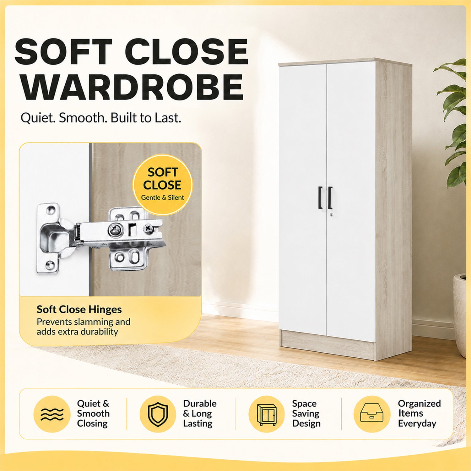 Poland Series CARB-P2 Certified Board 4 Door Tall Wardrobe with Top Cabinet in Ivory & White Colour