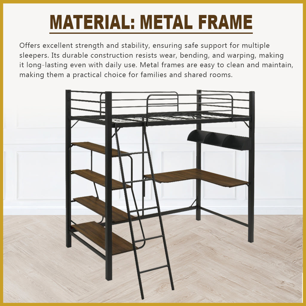 Frances A Single Metal Loft Bed Frame with Built-in Table and Shelves - w/ Mattress Option