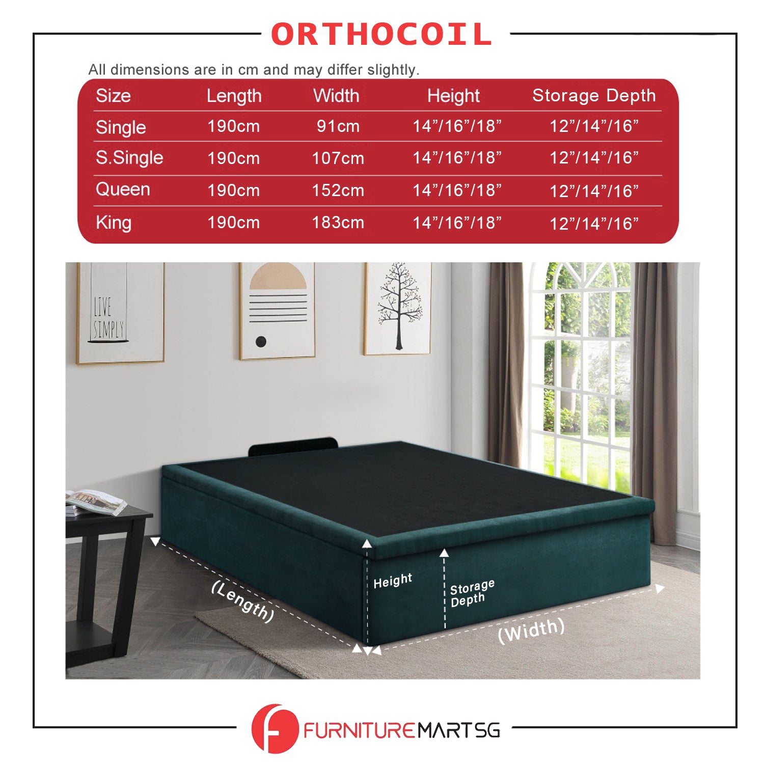 OrthoCoil 12"/14"/16" Depth Storage Bed Base Pet Friendly Scratch-Resistant Fabric - With Mattress Add-On