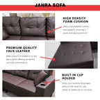 Janra Reversible Sofa in Dark Brown Faux Leather w/ Cup Holder