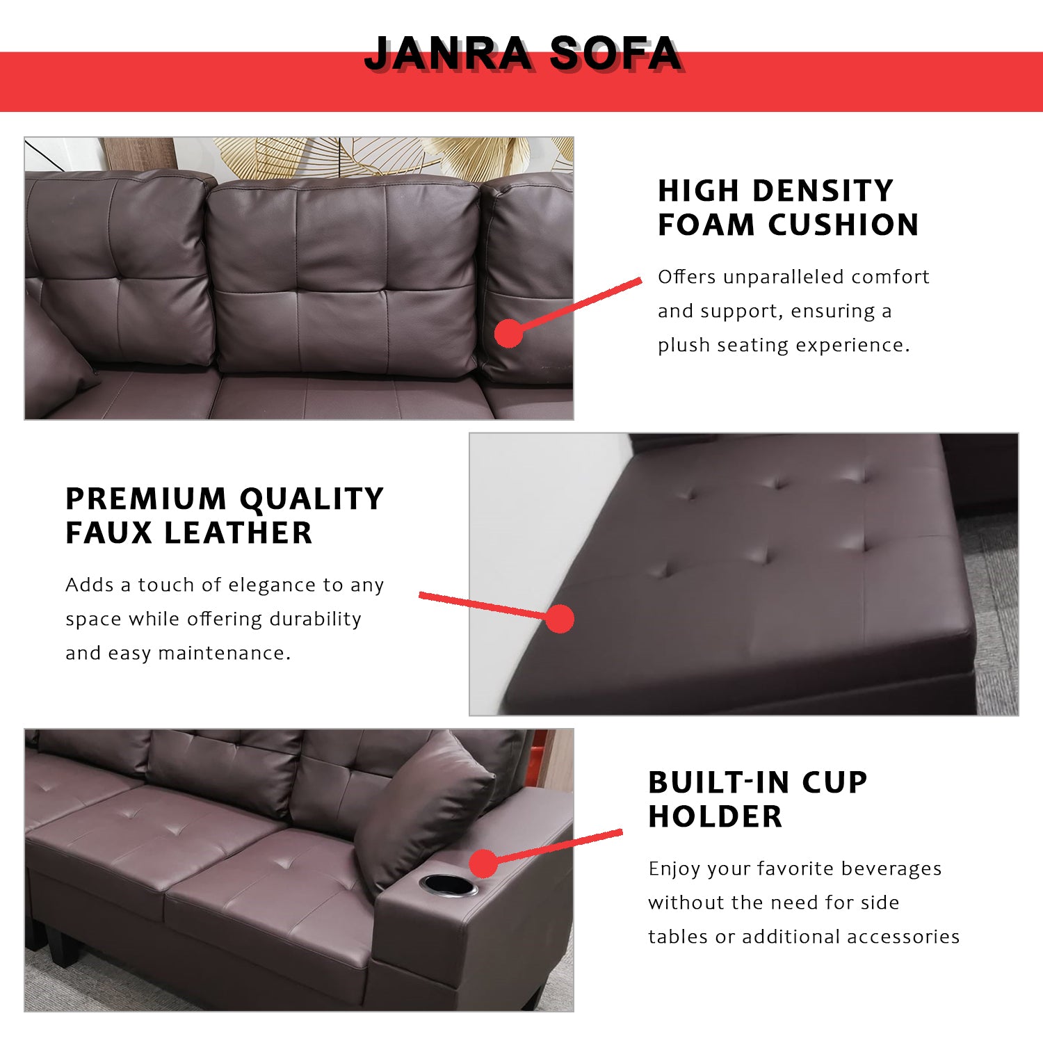 Janra Reversible Sofa in Dark Brown Faux Leather w/ Cup Holder