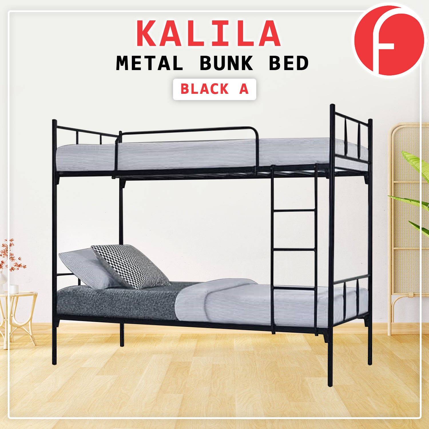 Kalila Metal Double Decker Bed Frame With Mattress Package In Black & White Color