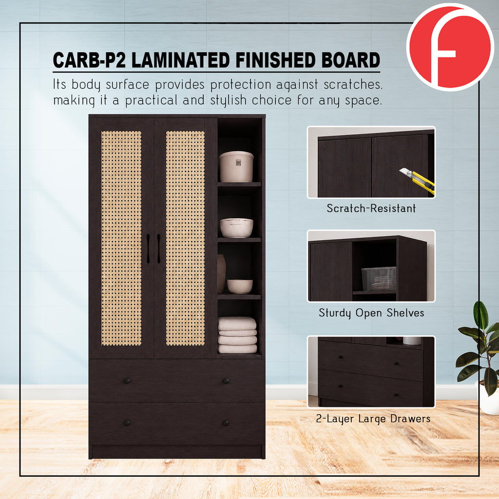 MIORI 2-Door Wooden Wardrobe Modern Clothes Cabinet with Hanging Rod, Drawer & Open Shelf