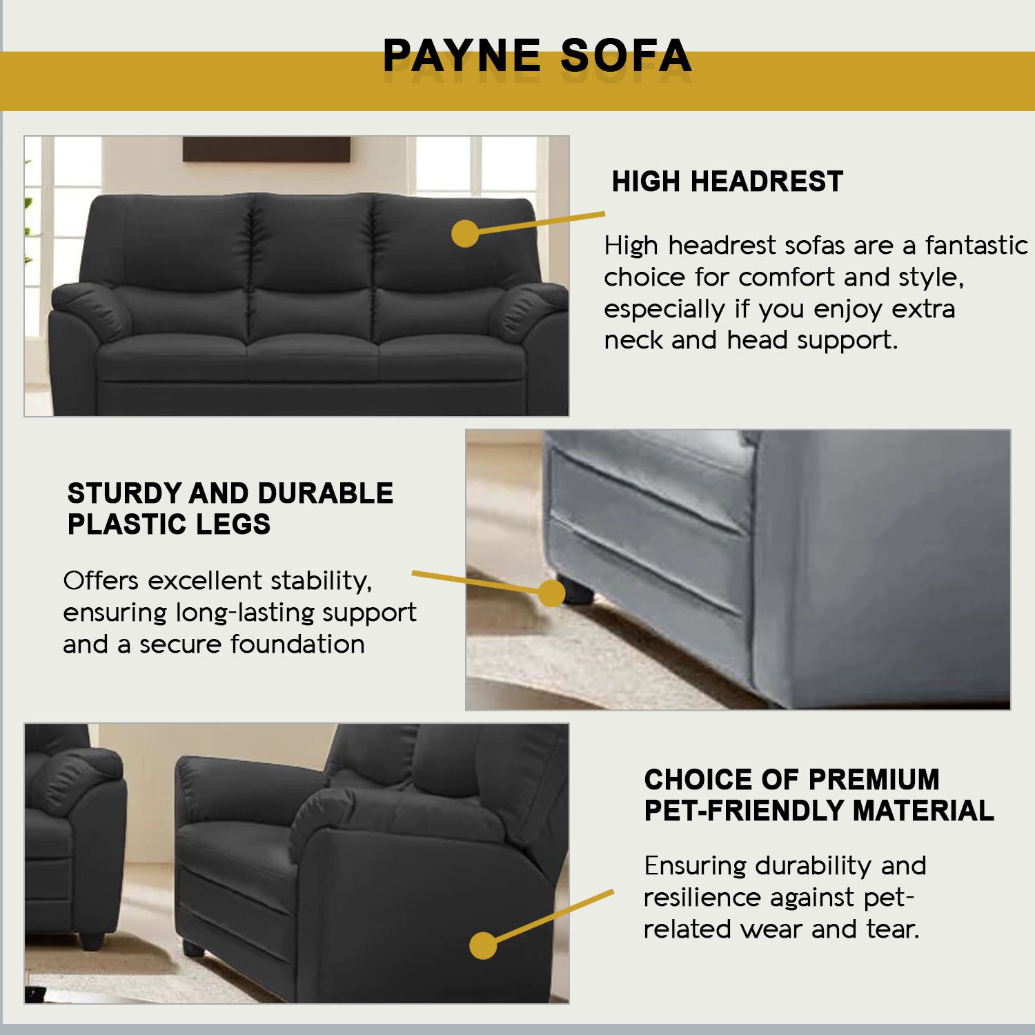Payne 2/3-Seater Sofa High Head-Rest / High Density Foam w/ PetFriendly Options