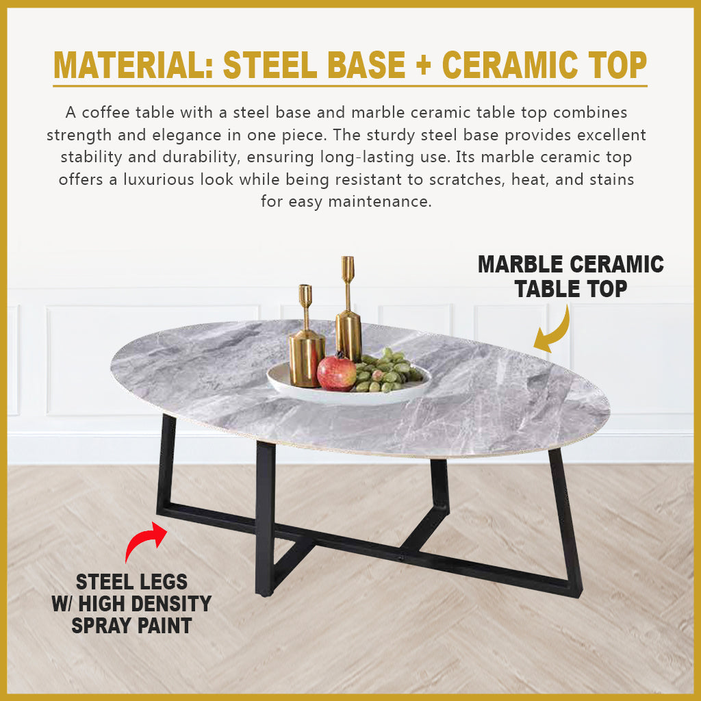 Naomi Center Coffee Table Heat Resistant Glossy Ceramic Top with Steel Legs