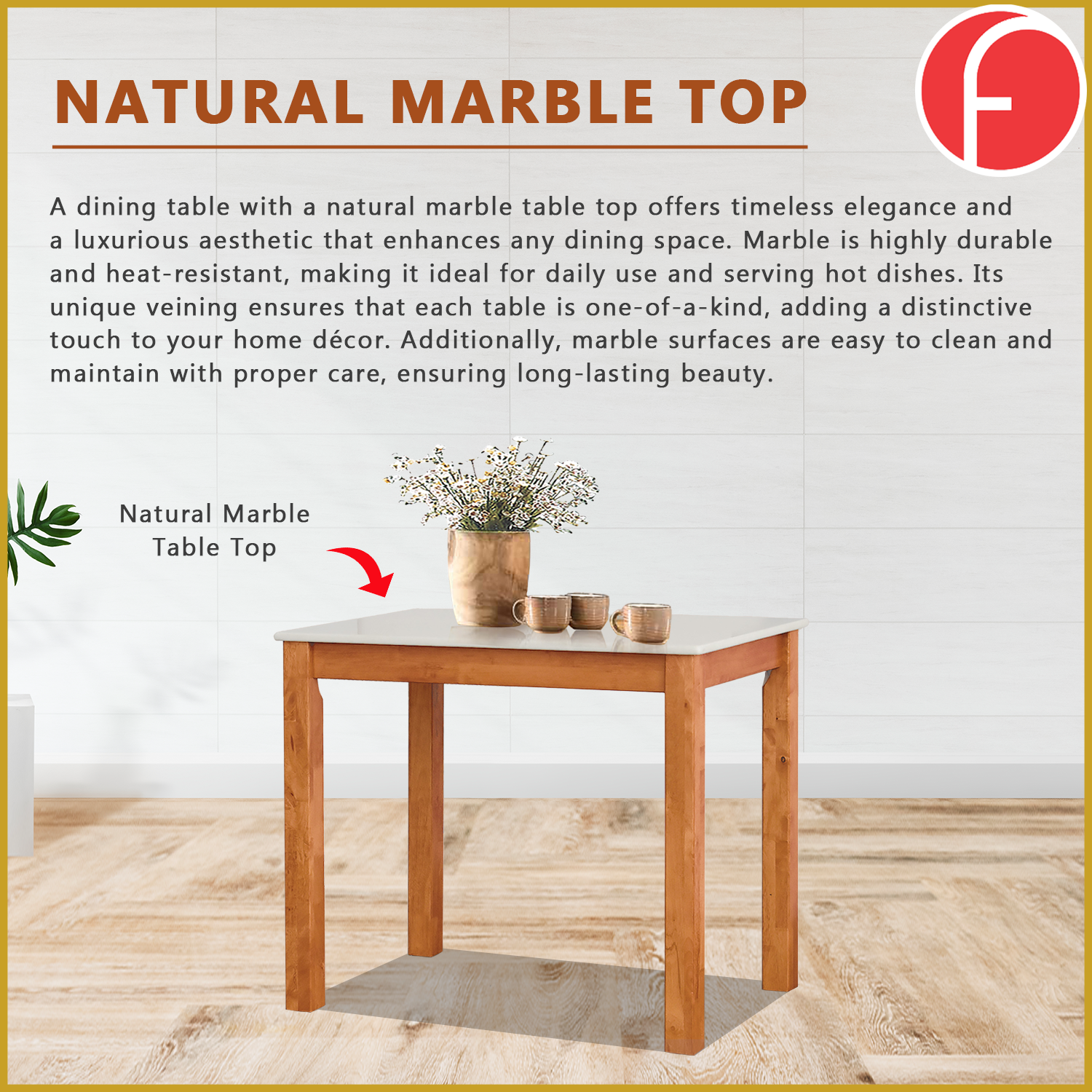 Lucas Dining Set w/ Table and Stools 1+4 in Solid Wood Natural Marble Top Cherry/Walnut