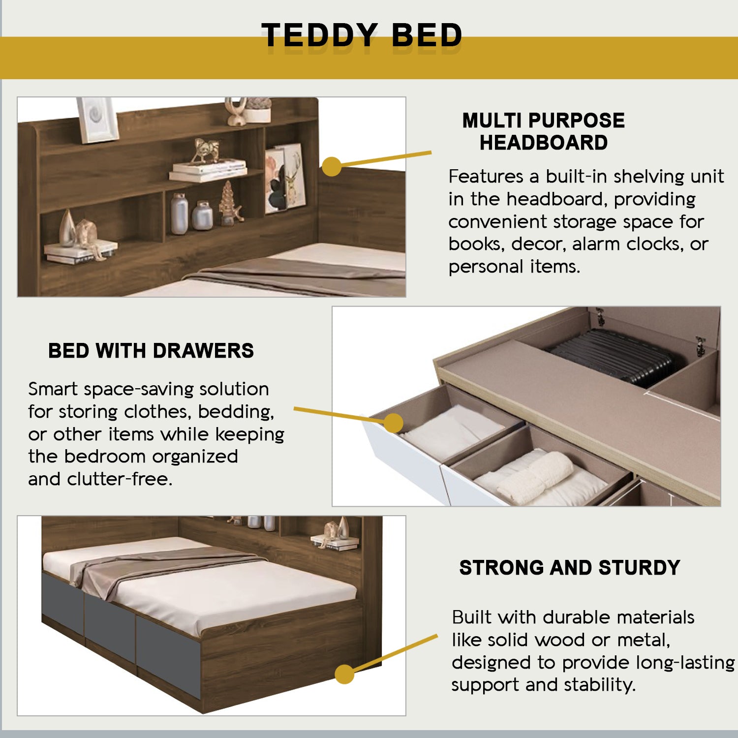 Teddy Storage Bed with Drawers Fully Laminated Eco Board All Sizes w/ Mattress Options