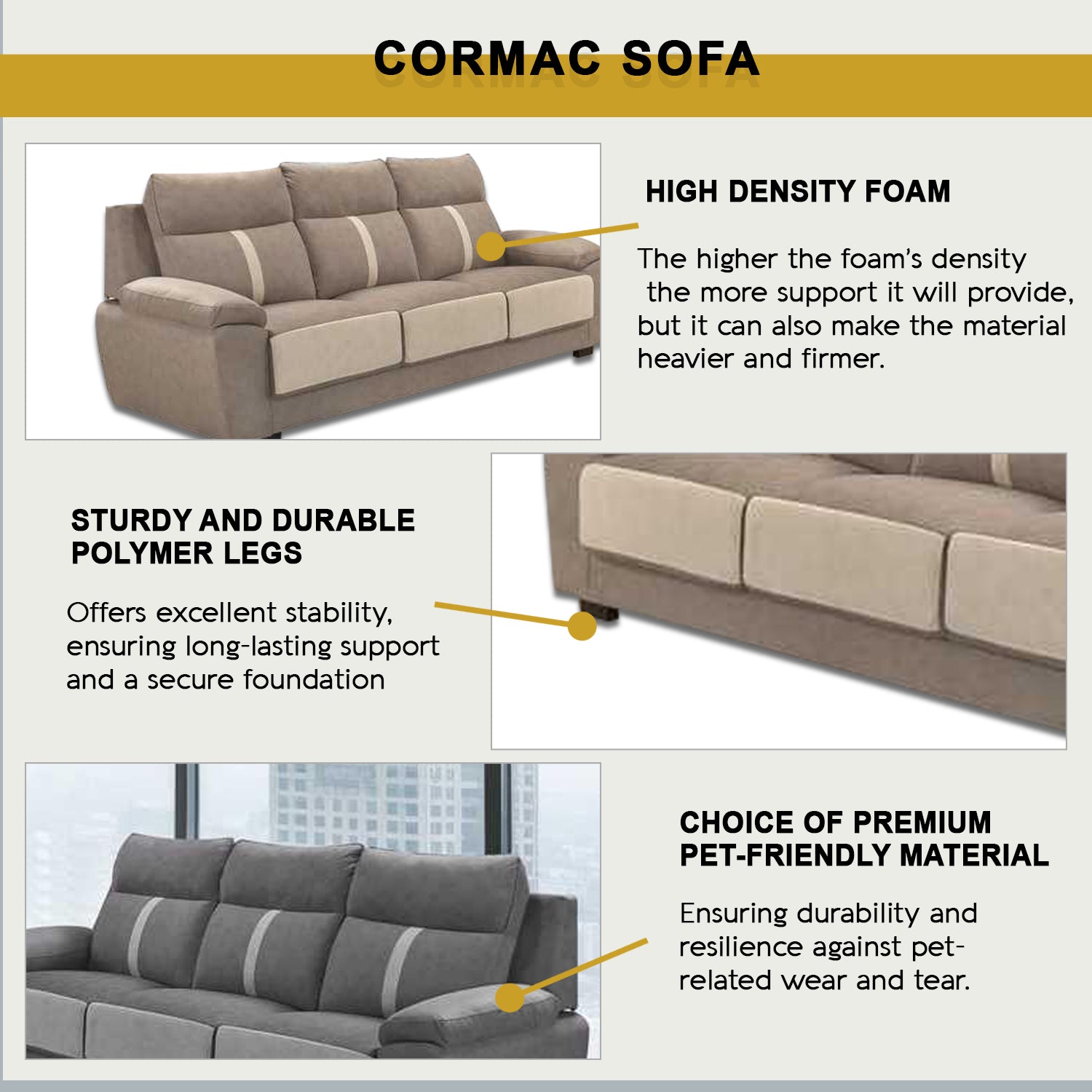 Cormac 1/2/3-Seater High Back Sofa 47 Colour - w/ PetFriendly Fabric/Leather Option