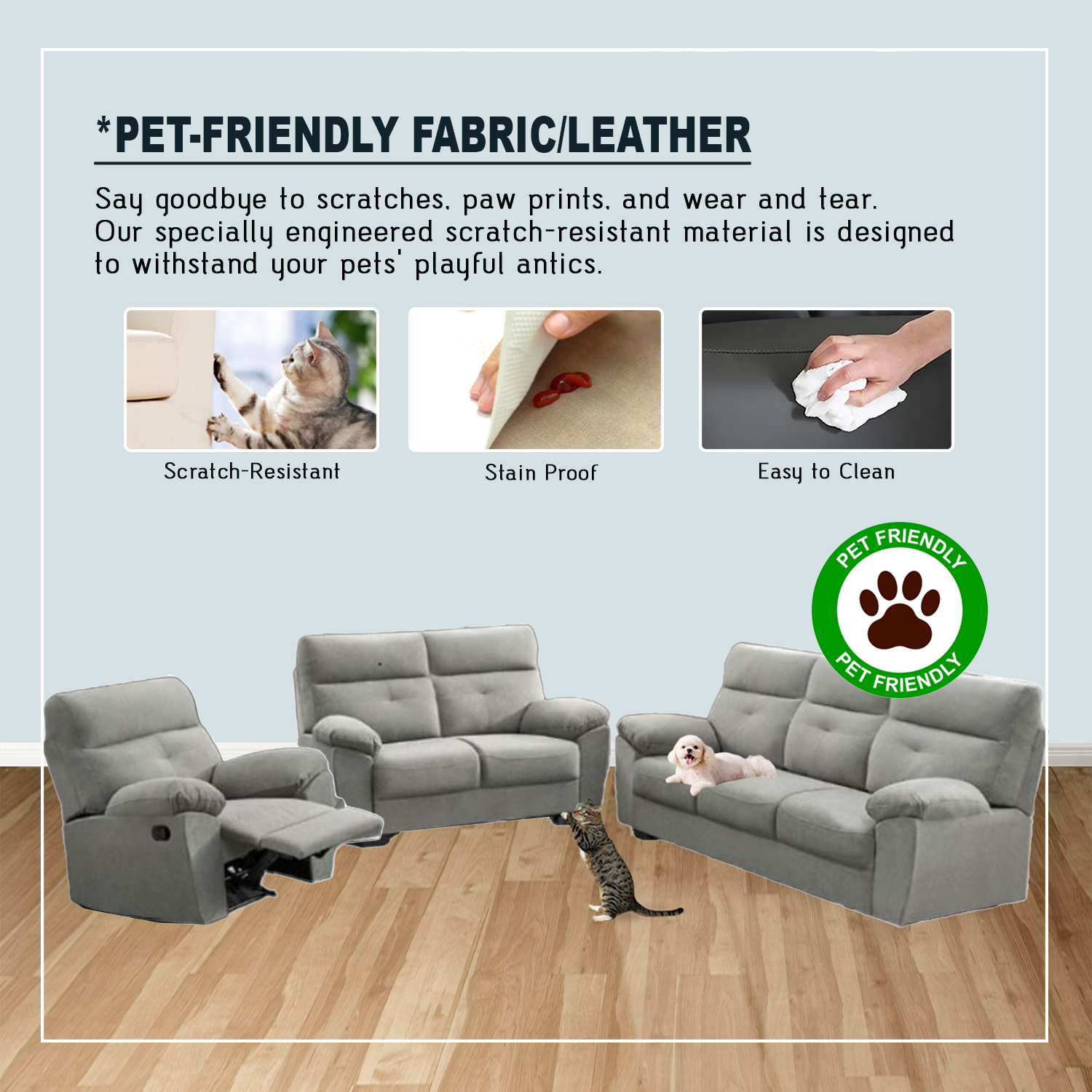 Sandy 1/2/3 Recliner Seater Sofa in 34 Colour - w/ PetFriendly Fabric/Leather