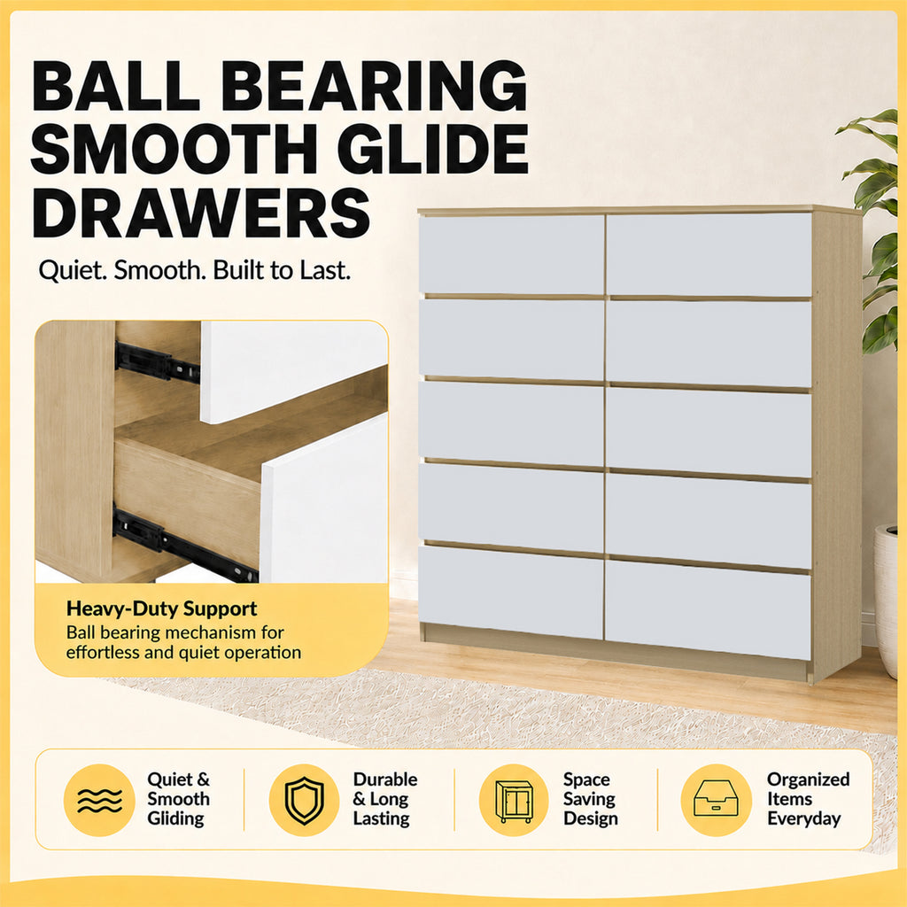 Ignos 10 Drawers CARB-P2 Certified Board Chest of Drawers Full Laminated Back Panel