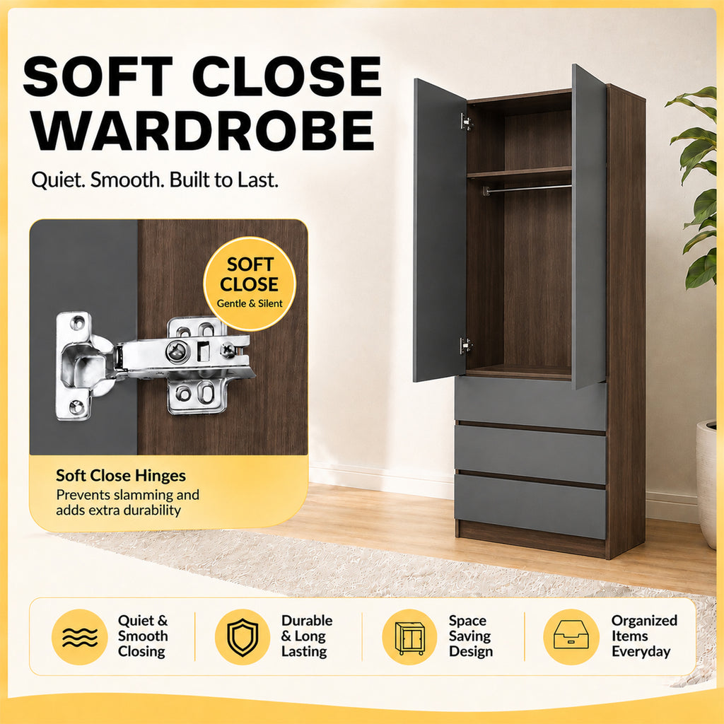 Nolin CARB-P2 Certified Board 2 Door Wardrobe + 3 Layer Drawer Laminated Back Panel