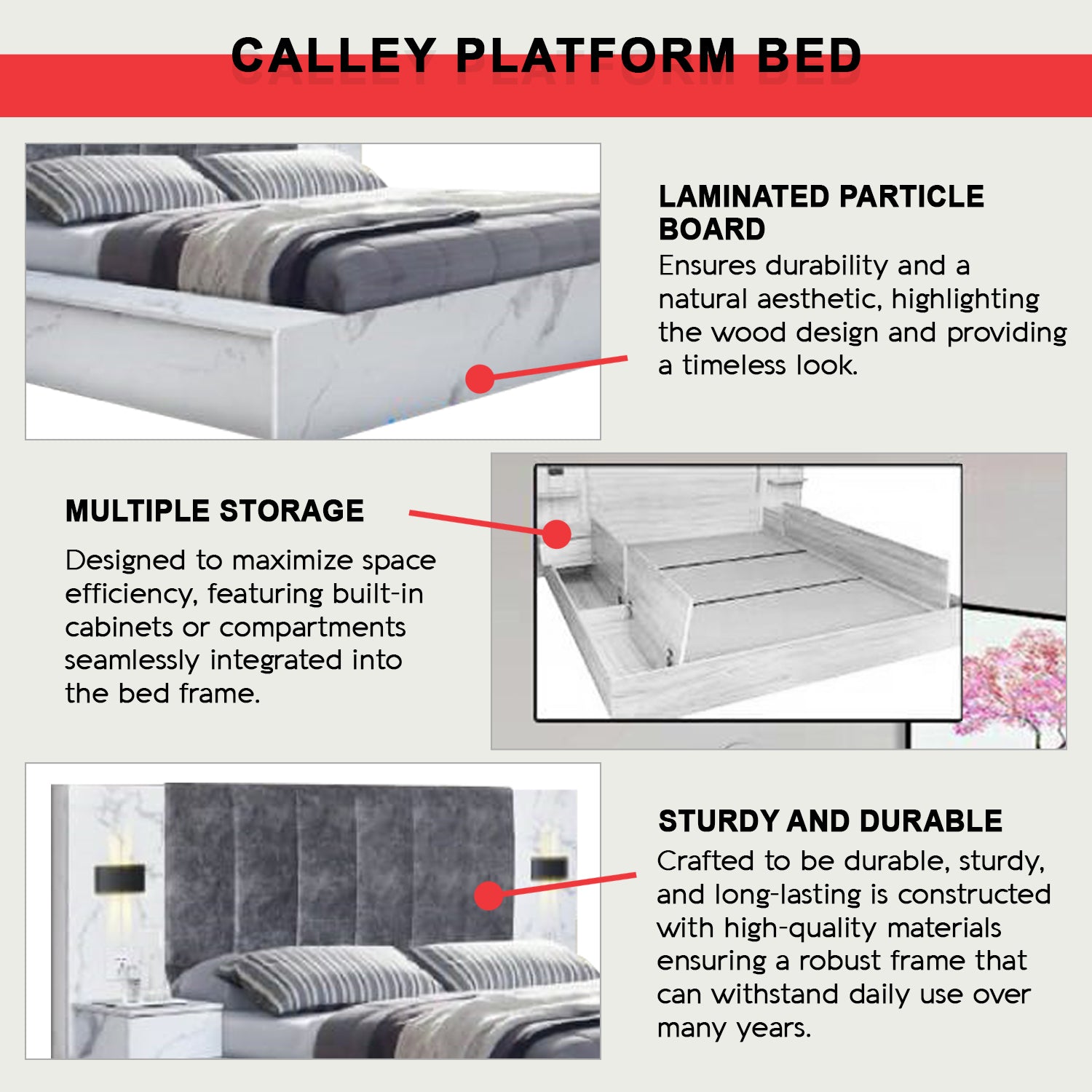 Calley Queen/King Size Platform Bed Frame with Side Table w/ Drawers & Hidden Storage