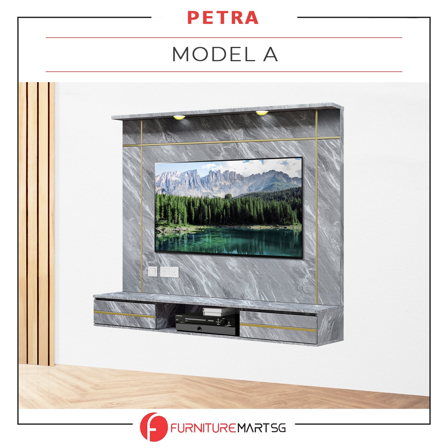 Petra Series Wall Mount TV Console Marble Finish with Light and Built-in Socket in 3 Models