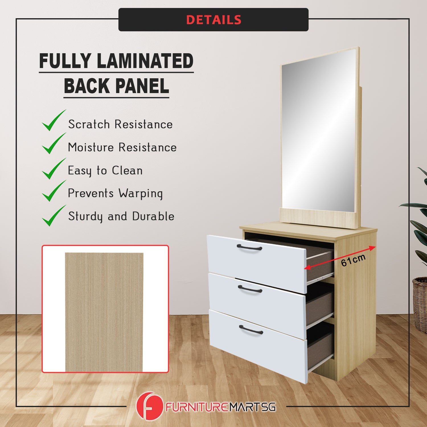 Pratio Dressing Table With Free Stool Laminated Smooth Gliding Drawer In 6 Colours