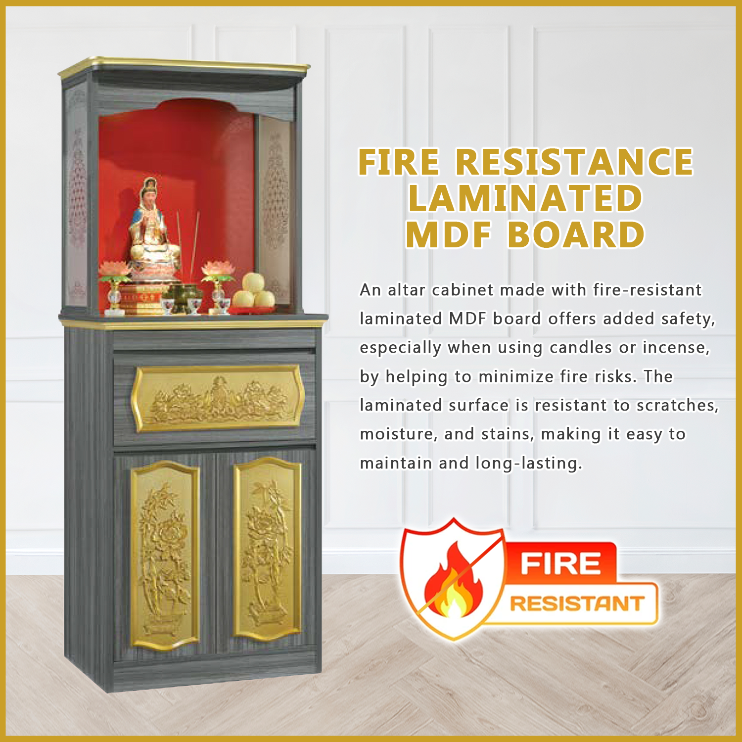 Jace Oriental Altar Table with Top Altar Cabinet Fire Resistant Altar Cabinet