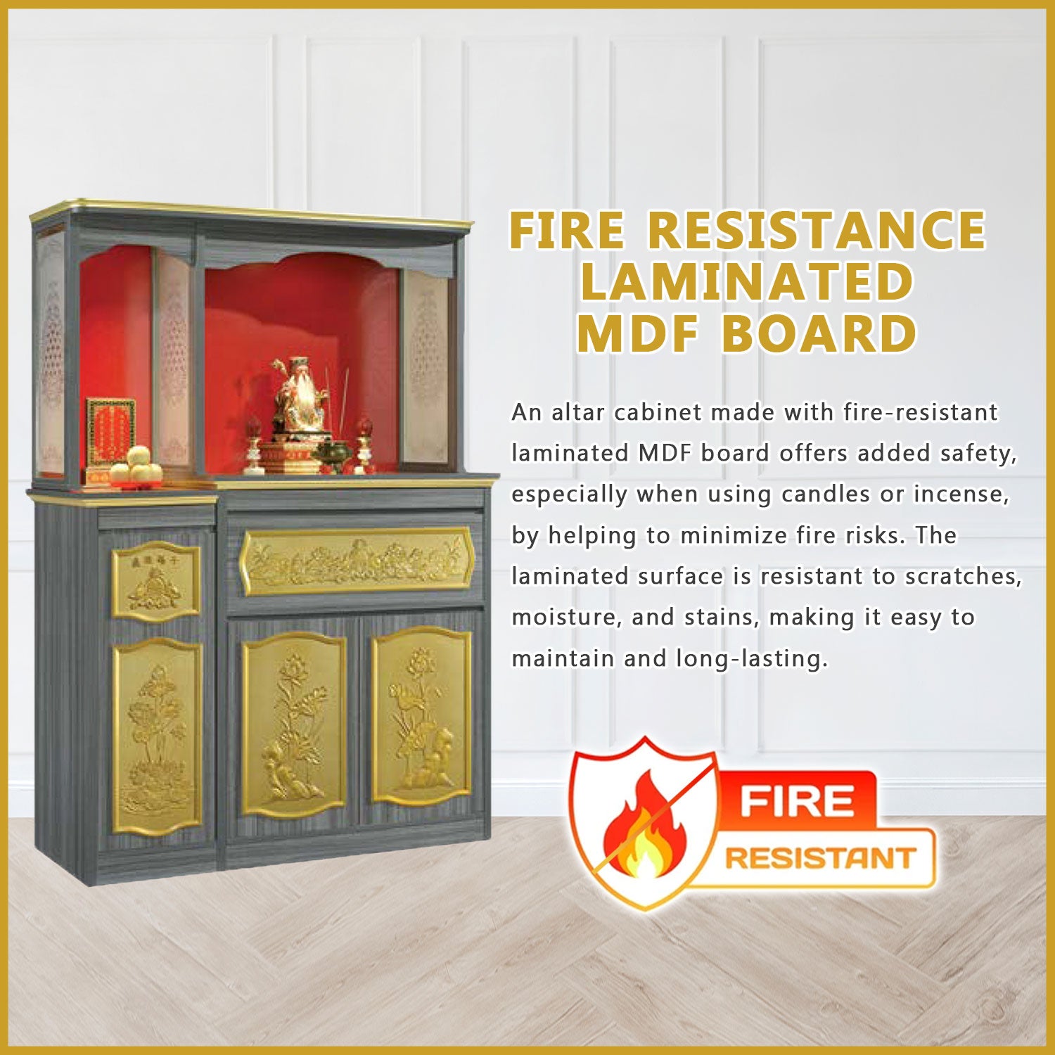 Molly Oriental Altar Table with Top Altar Cabinet Fire Resistant Altar Cabinet