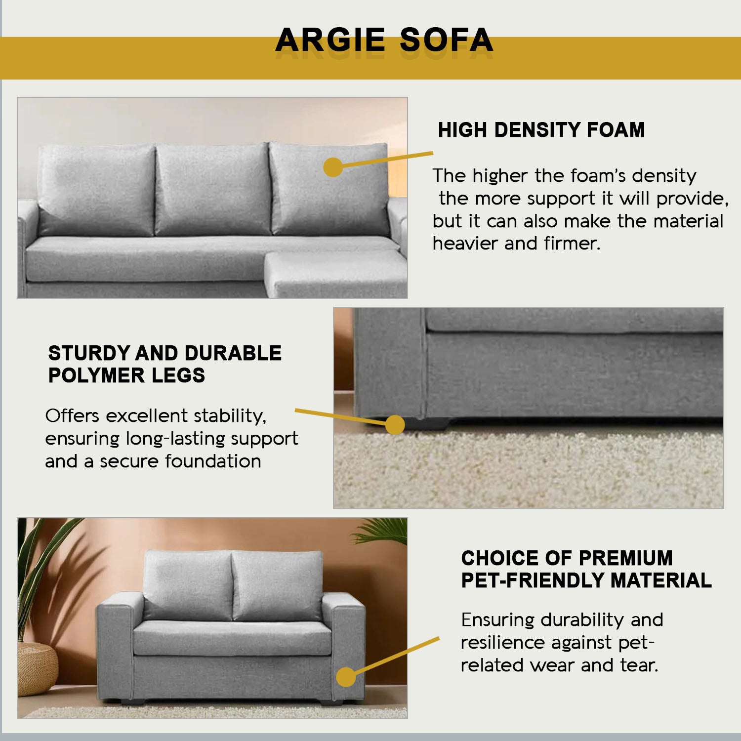 Argie 3-Seater L-Shaped Sofa with Stool High Density Foam w/ PetFriendly Options