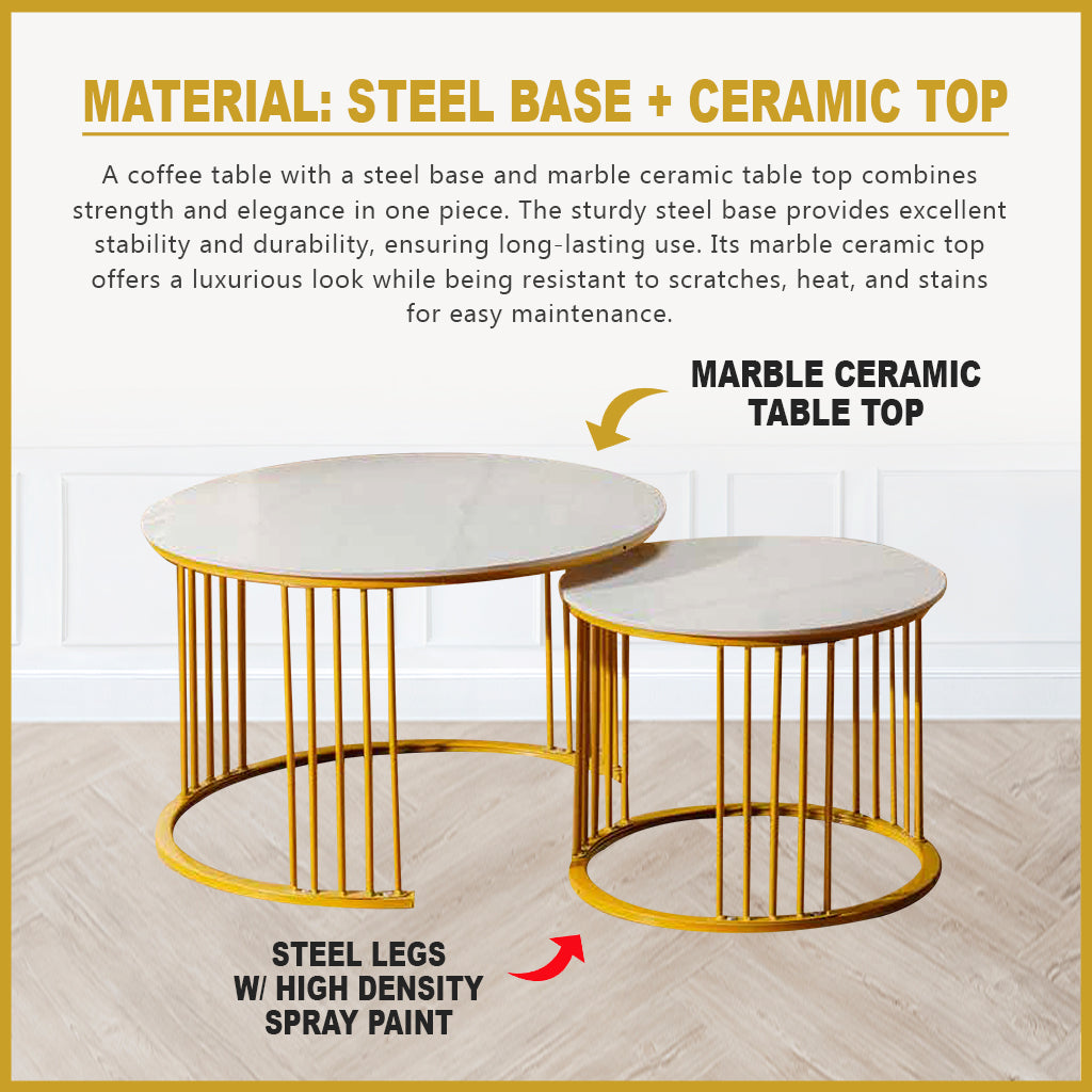 Shane Premium Coffee Center Table Steel Metal Leg + Marble Ceramic Top - 2 Colors