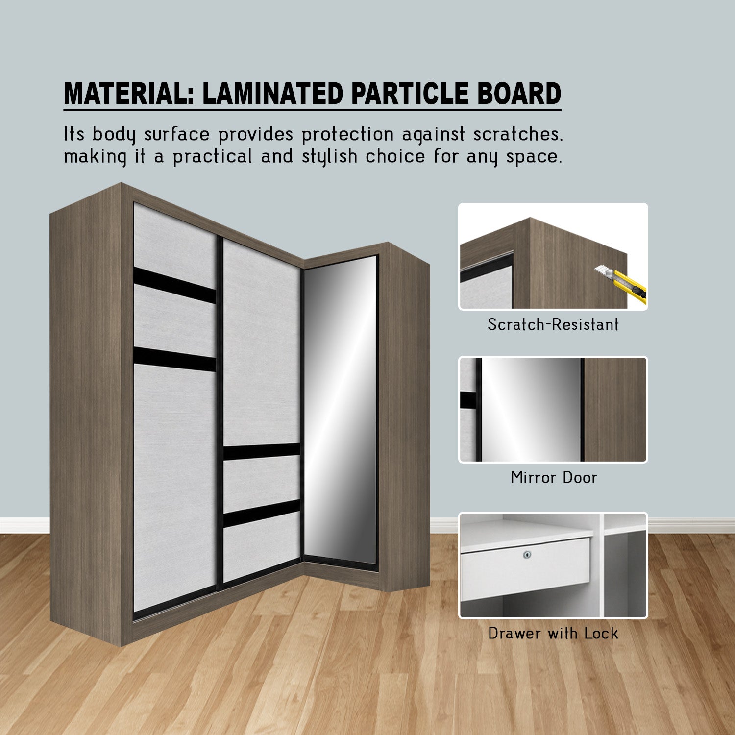 Baden Sliding Door L Shaped Corner Wardrobe with Mirror Door & Internal Drawer w/ Lock in 3 Color