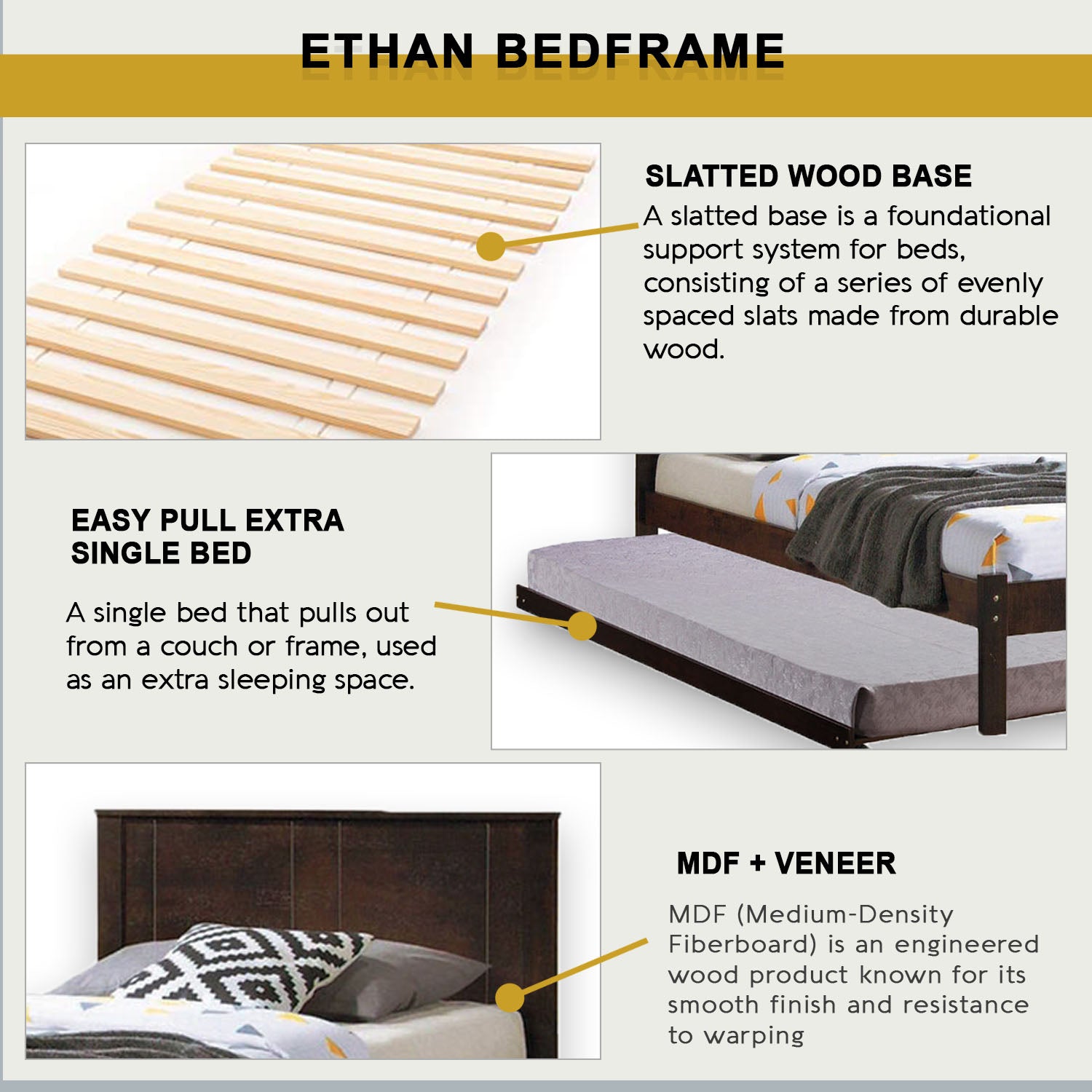 Ethan Single Pull-Out Bedframe MDF + Veneer Solid Wood Slatted Base  - w/ Mattress Option