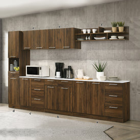Hallie Series Modular Kitchen Cabinet Melamine Panel Top with Hanging Cabinet in Brown & Natural Color.