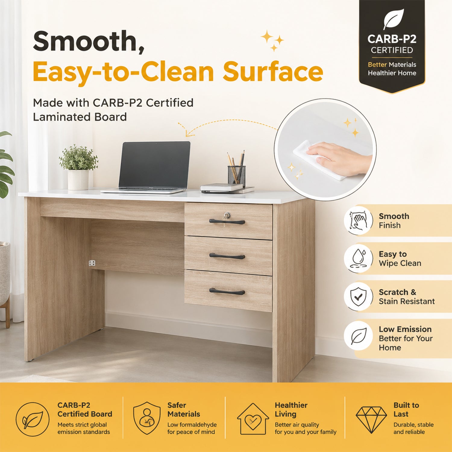 Derek Study Computer Office Table Carb-P2 Certified with Drawer w/ Lock in 4 Colours