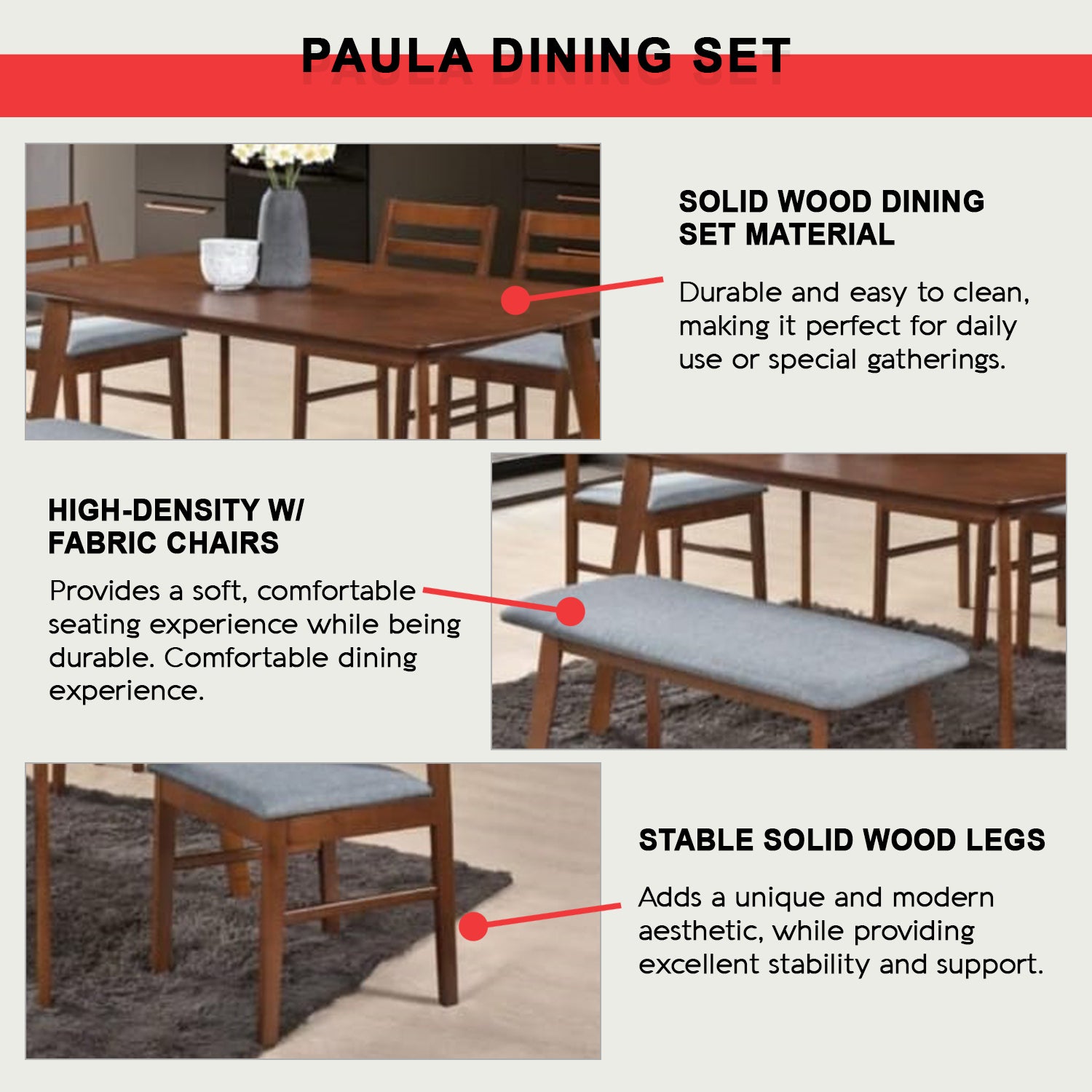 PAULA Solid Wood Dining Set Table with Chair and Bench - Available in White Wash and Walnut Colour